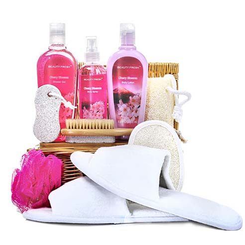 Body Lotion And Spray, Shower Gel, Bath Scrub, Exfoliation Brush, Slip On Slippers and Soft Loofah