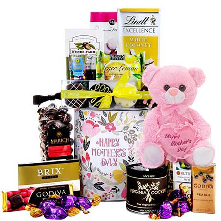gourmet mothers day gift basket delivery cheap with teddy bear chocolate and gifts