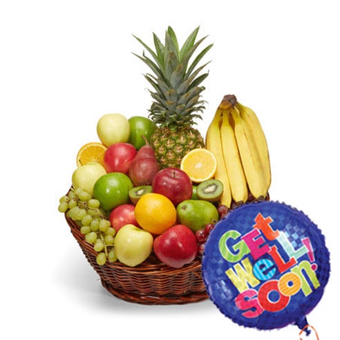 Gift basket get well soon with fruits and same day balloon delivery