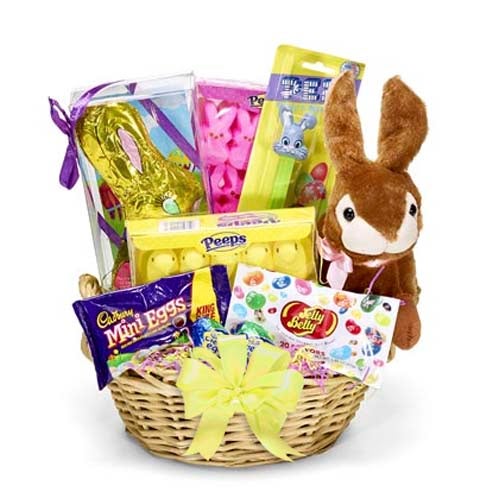 Sweets Selection in a Keepsake Woven Container with Plush Bunny Animal and Yellow Bow Decoration