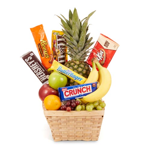 Seasonal Ripe Fruits and Chocolatey Candies & Bars on a Keepsake Whicker Container