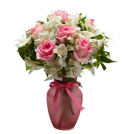 Pink rose bouquet with white alstroemeria