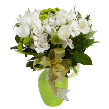 green bouquet and green flower bouquet with white tulips, green mums and cheap flowers