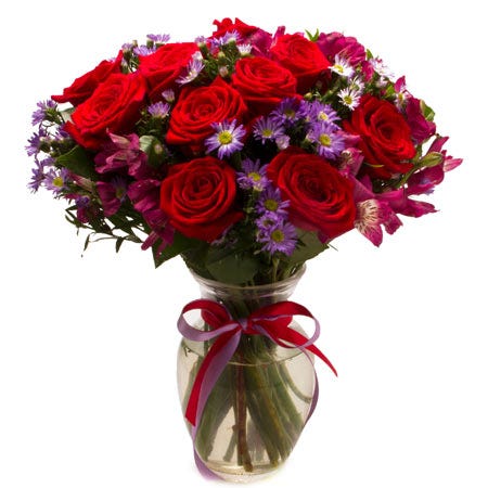 Red rose bouquet, a red and purple flower bouquet with roses, alstroemeria, cheap flowers