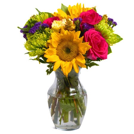 Contemporary sunflower bouquet with carnations and roses