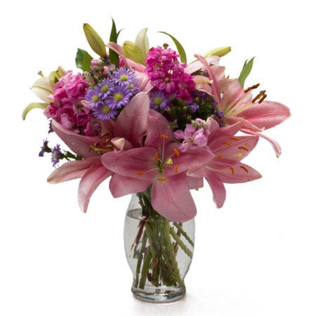 Mixed spring pink lily and lavender flower bouquet from Send Flowers