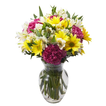 Mixed flower bouquet delivery with purple carnations, yellow daisy and cheap flowers