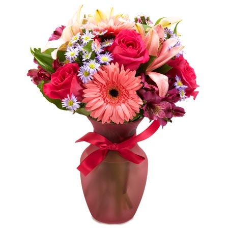 Hot pink gerbera flower bouquet with hot pink roses, alstroemeria and cheap flowers