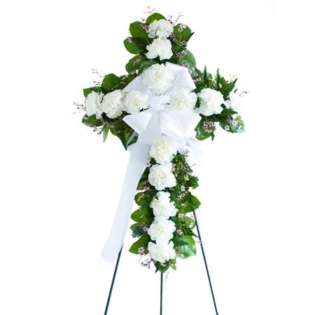 White sympathy cross flower standing spray with easel stand included