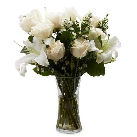 Sympathy white rose bouquet with white roses, white lilies and monte casino asters