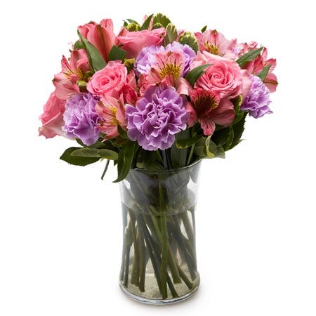 Pastel flowers arrangement with lavender carnations and pink roses