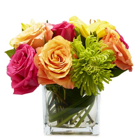 Mixed flower bouquet with pink roses, orange roses and spider mums delivery