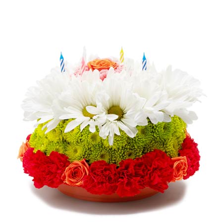 White daisy flower cake and mixed colorful flower cake arrangement