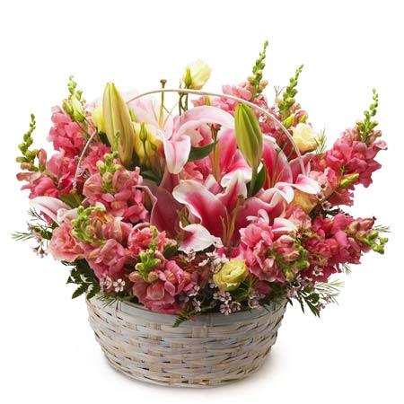 Pink stargazer lily basket arrangement with pink stargazer lilies and snapdragons