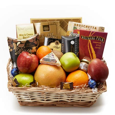 Mixed Seasonal Fruits, Cheeses, Cookies, Crackers, Meats,  Small Chocolates, Apples, Grapefruits, Oranges, and Kiwis in a Whicker Container with Card Message