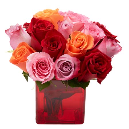 Sundry mixed rose bouquet in deep red vase vase