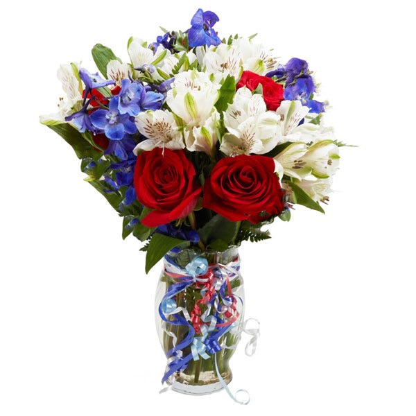 Military flower bouquet with red white blue flowers, red roses and blue delphinium