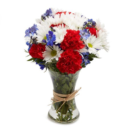 Red carnations, white diaries and blue iris patriotic bouquet