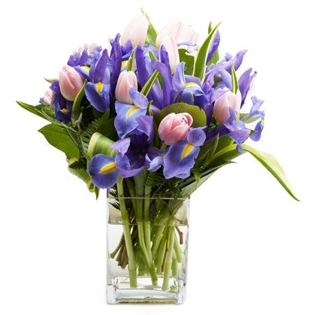 Same day delivery iris bouquet with pink tulips for same day flower delivery