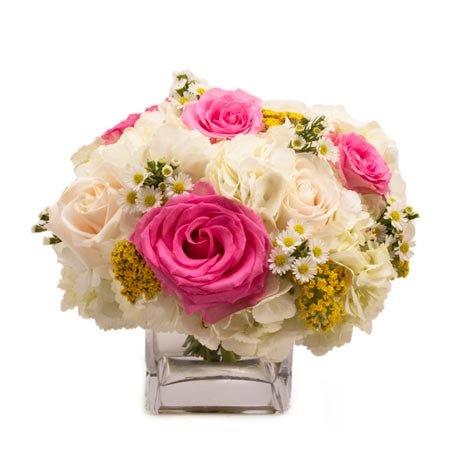 White hydrangea white rose and hot pink rose bouquet, elegant flower delivery