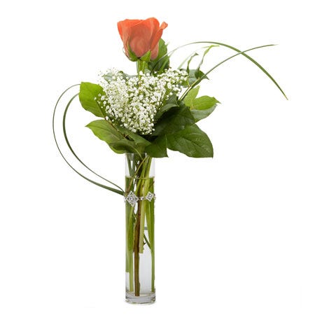 1 Piece Long-Stemmed Red Rose, White Babies Breath and Seasonal Greens in a Tubular Glass Vase