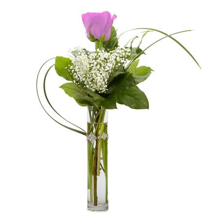 1 Piece Long-Stemmed Hot Pink Rose, White Babies Breath and Seasonal Greens in a Tubular Glass Vase