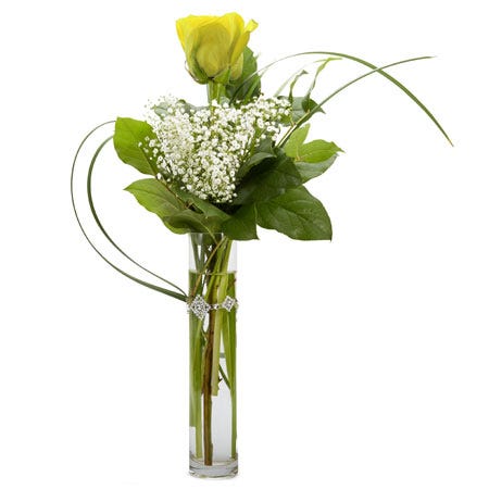 1 Piece Long-Stemmed Yellow Rose, White Babies Breath and Seasonal Greens in a Tubular Glass Vase