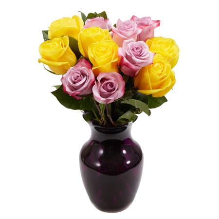 Purple and yellow rose bouquet arrangement