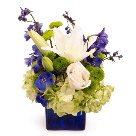 Green hydrangea and blue flower bouquet