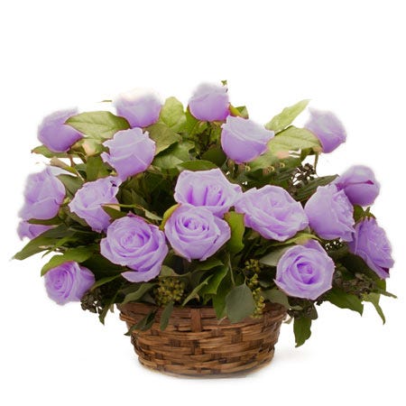 Lavender rose basket flowers arrangement with lavender roses and card