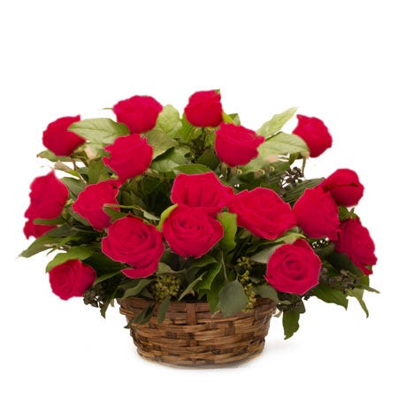 Red roses in a basket bouquet, a red rose bouquet basket