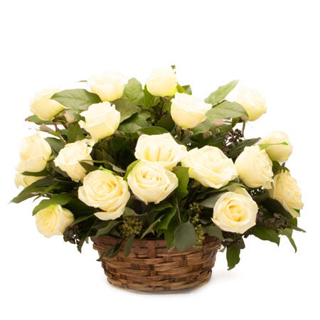 Pale yellow rose flower basket bouquet with yellow roses, woven basket and card