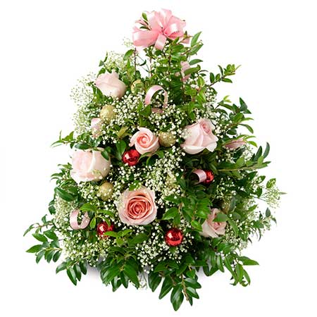 Live mini Christmas tree with pink roses and Christmas flowers