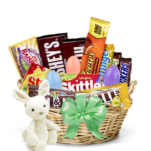 Popular Chocolate & Candy Treats in a Keepsake Basket Big Green Bow, Stuffed Animal and Plastic Eggs