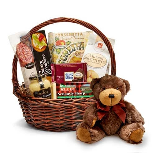 sausage and cheese gift basket and teddy bear with sausages and cheeses