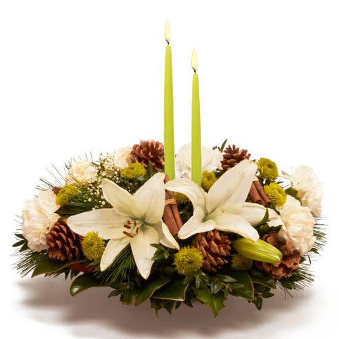 Green flower candle centerpiece with white lily and carnations and green poms