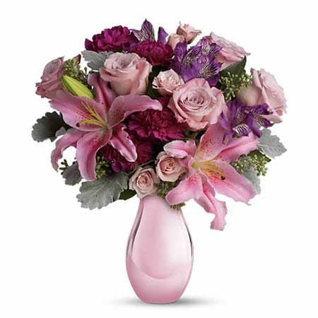 Oriental pink lily, pink rose, pink spray roses and purple alstroemeria bouquet