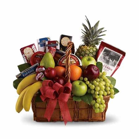 Gourmet Fruit basket with apples, pears, bananas, pineapple, cheeses and crackers