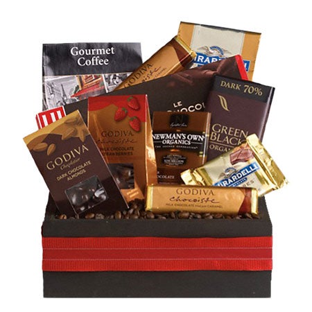 A Bouquet of Sweet Chocolate Candy Bars, Coffee and Nuts in a Wooden Decorative Box