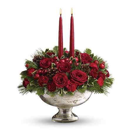 red christmas rose centerpiece, red rose table centerpiece delivery for Christmas