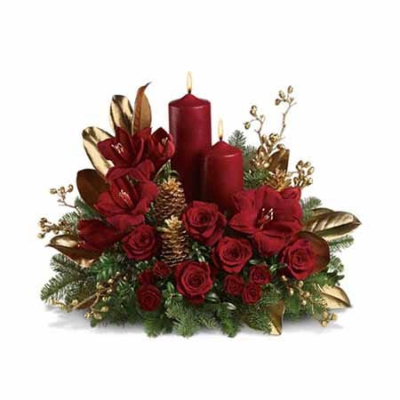 Centerpiece Flower Arrangement Including Red Roses, 2 Pillar Candles, Amaryllis, Berries, Pinecones, Dark-Red Carnations and Lush Green Noble Fir with Golden Magnolia Leaves