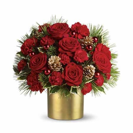 Red rose flower bouquet with red roses and cheap flowers in gold vase