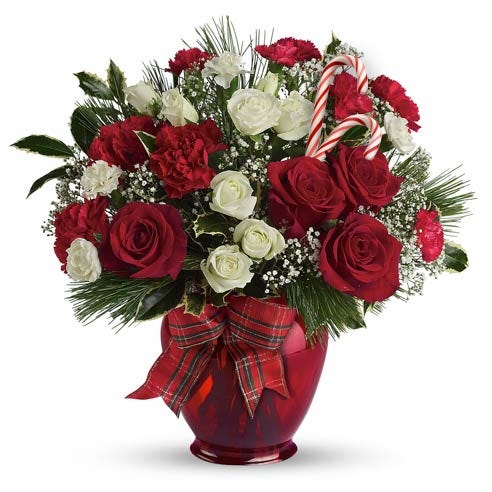red rose candy cane flower bouquet delivery with christmas flowers online