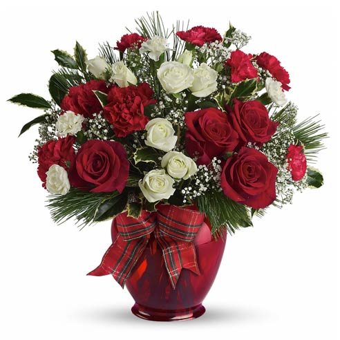 A Bouquet of Red Roses, White Spray Roses, Red Carnations, Holly Branches, and Million Star Gypsophila in a Scarlet Vase