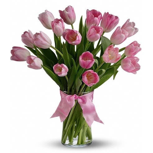 All pink tulips in a glass vase with a bow