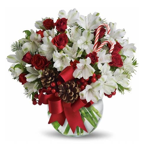 White alstoemeria, pine cones and red hypericum berries in a vase