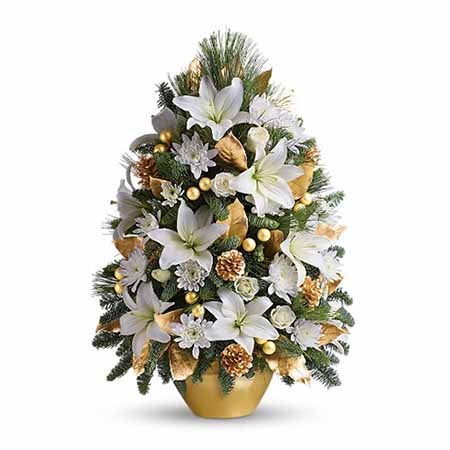 Small Tree Delivery that includes White Asiatic Lilies, White Pine, Lush Branches, Winter White Cushion Mums, Golden Covered Pinecones, and Golden Ornaments in a Small Golden Tree Base