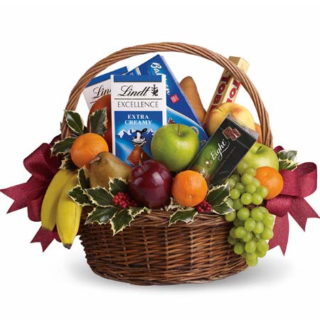 Gourmet Chocolate Bars, Mixed Apples, Green Grapes, Oranges, Tangerines, Brown Pears and a Box of Cookies in a woven basket with bow for decoration