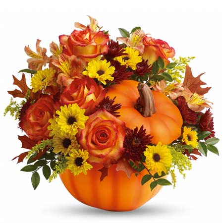 A Bouquet of Orange Roses, Burgundy Cushion Mums, Orange Alstroemeria and Yellow Daisy Mums in a Ceramic Pumpkin Container with Lid