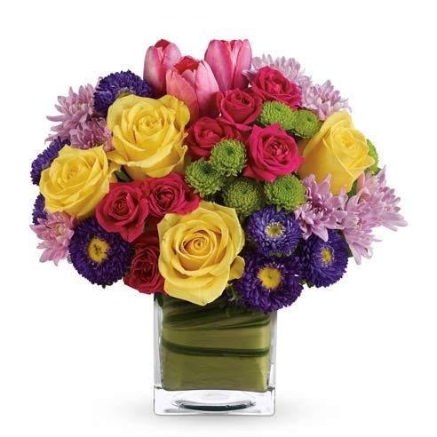 Premium brightly colored mixed flower bouquet with yellow, hot pink and purple flowers